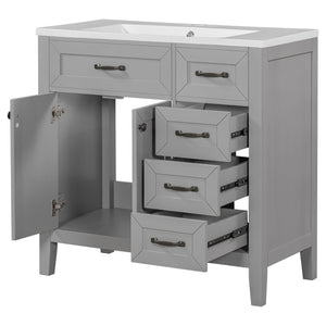 English Elm 36" Freestanding Bathroom Vanity Solid Rubberwood Cabinet with Ceramic Sink and Three Drawers Grey JL000007AAE-6