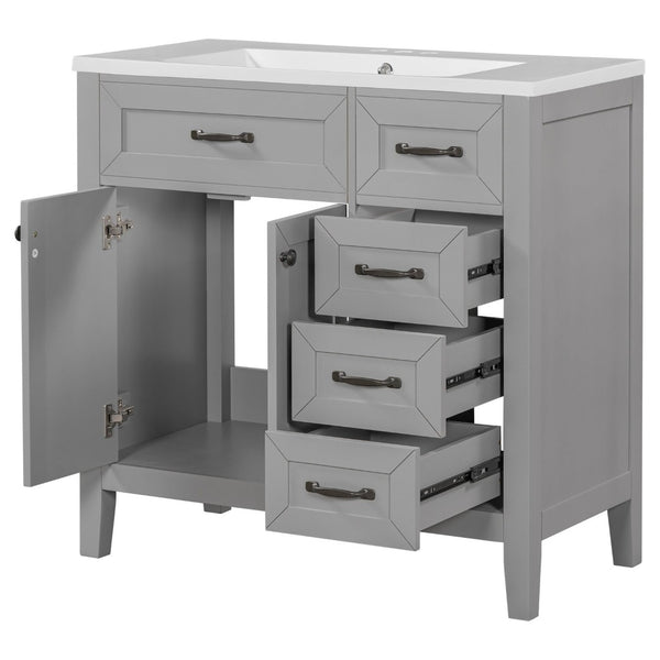 English Elm 36" Freestanding Bathroom Vanity Solid Rubberwood Cabinet with Ceramic Sink and Three Drawers Grey JL000007AAE-6