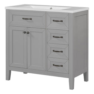English Elm 36" Freestanding Bathroom Vanity Solid Rubberwood Cabinet with Ceramic Sink and Three Drawers Grey JL000007AAE-6