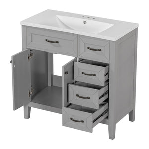 English Elm 36" Freestanding Bathroom Vanity Solid Rubberwood Cabinet with Ceramic Sink and Three Drawers Grey JL000007AAE-6