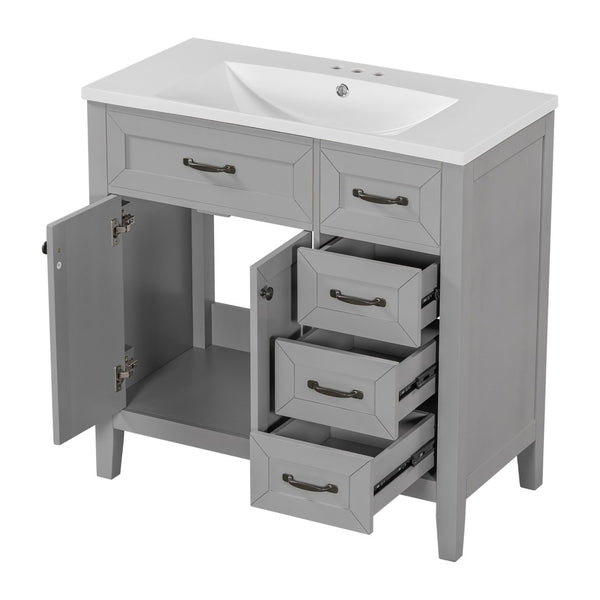 English Elm 36" Freestanding Bathroom Vanity Solid Rubberwood Cabinet with Ceramic Sink and Three Drawers Grey JL000007AAE-6