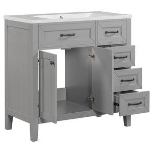 English Elm 36" Freestanding Bathroom Vanity Solid Rubberwood Cabinet with Ceramic Sink and Three Drawers Grey JL000007AAE-6