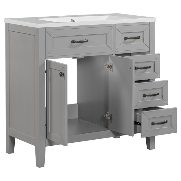 English Elm 36" Freestanding Bathroom Vanity Solid Rubberwood Cabinet with Ceramic Sink and Three Drawers Grey JL000007AAE-6
