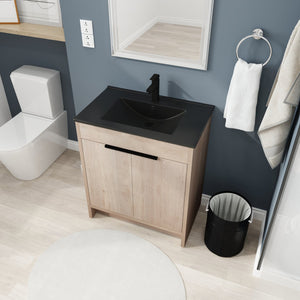 English Elm 30 Inch Freestanding Bathroom Vanity With Elegant Black Ceramic Sink & Soft-Close Cabinet Doors W999S00064