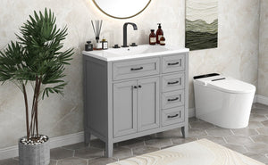 English Elm 36" Freestanding Bathroom Vanity Solid Rubberwood Cabinet with Ceramic Sink and Three Drawers Grey JL000007AAE-6