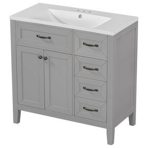 English Elm 36" Freestanding Bathroom Vanity Solid Rubberwood Cabinet with Ceramic Sink and Three Drawers Grey JL000007AAE-6