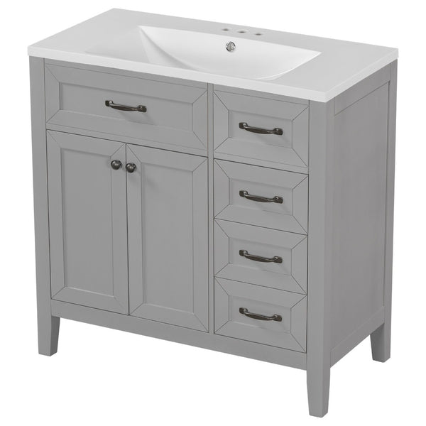English Elm 36" Freestanding Bathroom Vanity Solid Rubberwood Cabinet with Ceramic Sink and Three Drawers Grey JL000007AAE-6