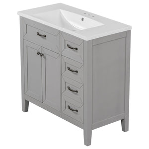 English Elm 36" Freestanding Bathroom Vanity Solid Rubberwood Cabinet with Ceramic Sink and Three Drawers Grey JL000007AAE-6