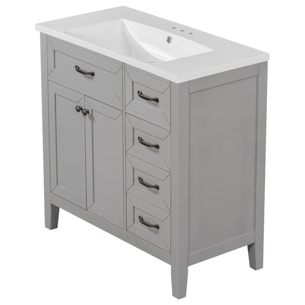 English Elm 36" Freestanding Bathroom Vanity Solid Rubberwood Cabinet with Ceramic Sink and Three Drawers Grey JL000007AAE-6
