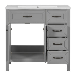 English Elm 36" Freestanding Bathroom Vanity Solid Rubberwood Cabinet with Ceramic Sink and Three Drawers Grey JL000007AAE-6