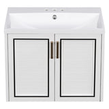 English Elm 24" Wall Mounted Bathroom Vanity With Ceramic Basin, Two Shutter Doors, Solid Wood & Mdf Board, White (One Package)