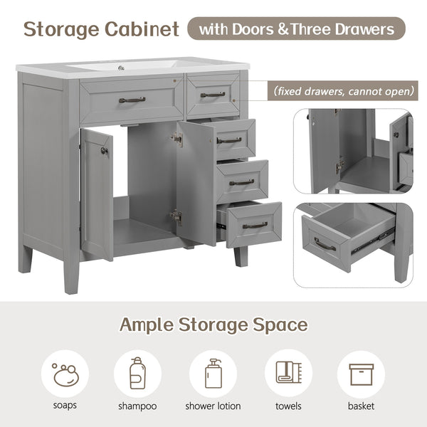 English Elm 36" Stylish Gray Bathroom Vanity With Sink Combo - Durable, Space-Saving Storage Solution For Your Home N725P246491E