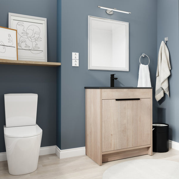 English Elm 30 Inch Freestanding Bathroom Vanity With Elegant Black Ceramic Sink & Soft-Close Cabinet Doors W999S00064