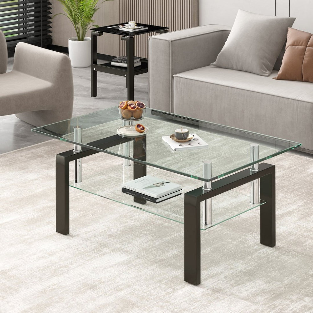 English Elm Tempered Glass Two Tier Coffee Table Open Shelf Design for Modern Living Rooms W171891784