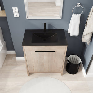English Elm 30 Inch Freestanding Bathroom Vanity With Elegant Black Ceramic Sink & Soft-Close Cabinet Doors W999S00064