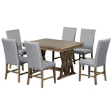 7-Piece Dining Table Set with 6 Upholstered Chairs, Golden Brown and Grey