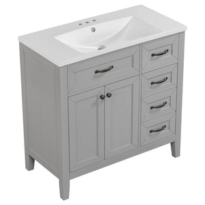 English Elm 36" Freestanding Bathroom Vanity Solid Rubberwood Cabinet with Ceramic Sink and Three Drawers Grey JL000007AAE-6