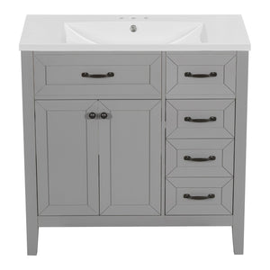 English Elm 36" Freestanding Bathroom Vanity Solid Rubberwood Cabinet with Ceramic Sink and Three Drawers Grey JL000007AAE-6