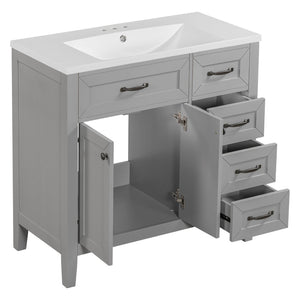 English Elm 36" Freestanding Bathroom Vanity Solid Rubberwood Cabinet with Ceramic Sink and Three Drawers Grey JL000007AAE-6