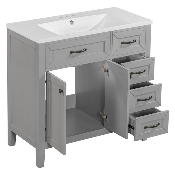 English Elm 36" Freestanding Bathroom Vanity Solid Rubberwood Cabinet with Ceramic Sink and Three Drawers Grey JL000007AAE-6