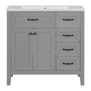 English Elm 36" Freestanding Bathroom Vanity Solid Rubberwood Cabinet with Ceramic Sink and Three Drawers Grey JL000007AAE-6