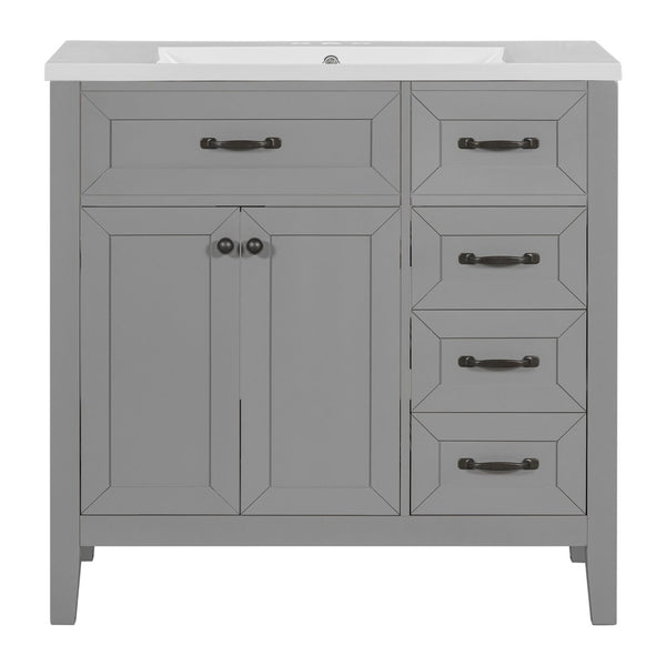English Elm 36" Freestanding Bathroom Vanity Solid Rubberwood Cabinet with Ceramic Sink and Three Drawers Grey JL000007AAE-6