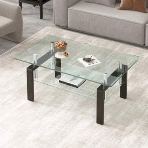 English Elm Tempered Glass Two Tier Coffee Table Open Shelf Design for Modern Living Rooms W171891784
