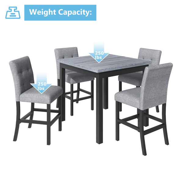 English Elm TOPMAX Counter Height 5-Piece Dining Set — Two-Tone Black Wood & Gray Upholstery, Durable Rubberwood SP000228AAB