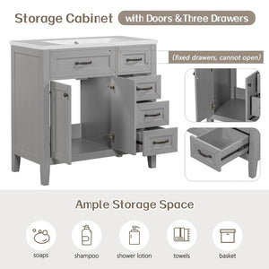 English Elm 36" Matte Bathroom Vanity Base Cabinet with Drawers Rubberwood Frame Modern Storage Grey WF296707AAE