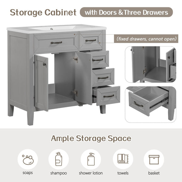English Elm 36" Matte Bathroom Vanity Base Cabinet with Drawers Rubberwood Frame Modern Storage Grey WF296707AAE