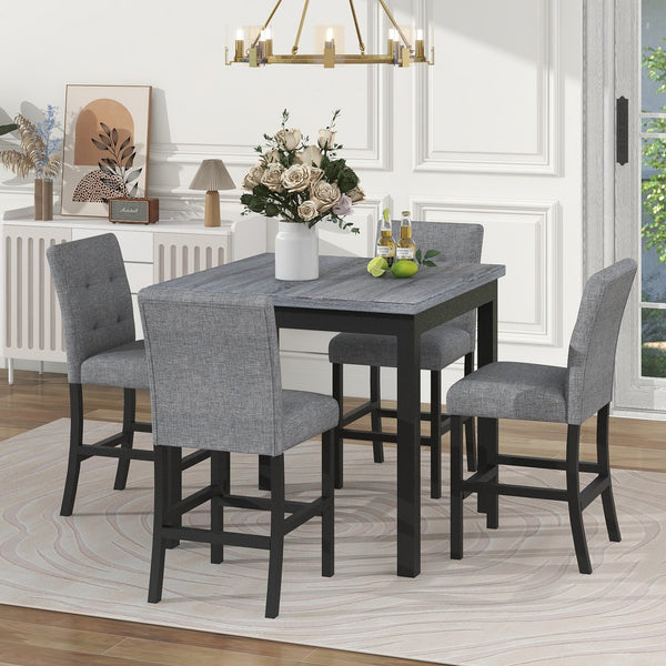 English Elm TOPMAX Counter Height 5-Piece Dining Set — Two-Tone Black Wood & Gray Upholstery, Durable Rubberwood SP000228AAB