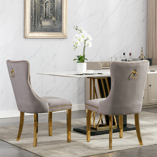 English Elm Nikki Velvet Tufted Dining Chair Set of 2 — Solid Wood Frame, Gold Stainless Legs, Nailhead Trim, Gray Chic W114390550