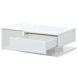 English Elm Modern Coffee Table With Tempered Glass, Wooden Cocktail Table With High-Gloss Uv Surface, Modernist 2-Tier Rectangle Center Table For Living Room, White