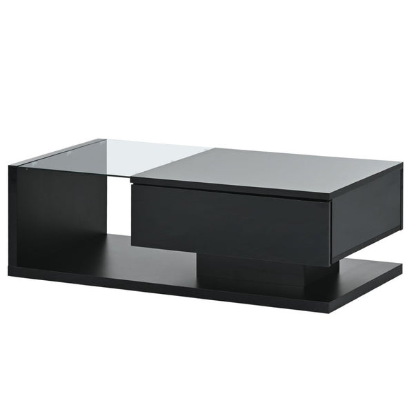 English Elm Modern Two-tier Glass Top Coffee Table with Uv Gloss Finish for Living Room Black WF303936AAB