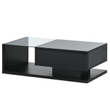 English Elm Modern Coffee Table With Tempered Glass, Wooden Cocktail Table With High-Gloss Uv Surface, Modernist 2-Tier Rectangle Center Table For Living Room, Black