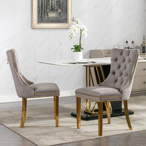 English Elm Nikki Velvet Tufted Dining Chairs Set of 2 — Gray Upholstered High-End Solid Wood Seats with Gold Legs W114390550