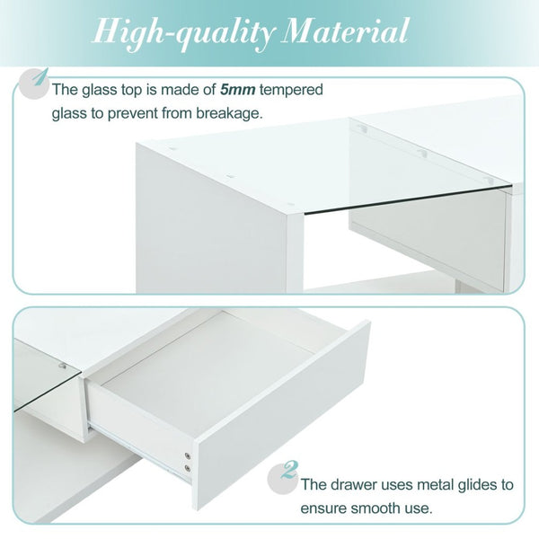 English Elm Modern Two-tier Glass Top Coffee Table with Uv Gloss Finish for Living Room White WF303936AAK