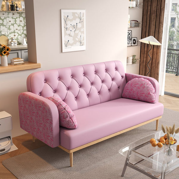 English Elm Loveseat Modern Tulip-Pattern Upholstered Two-Seater in Light Pink PU with S-Spring Comfort & Pillows W1767106514