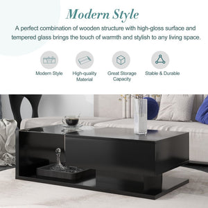 English Elm Modern Two-tier Glass Top Coffee Table with Uv Gloss Finish for Living Room Black WF303936AAB