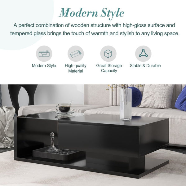 English Elm Modern Two-tier Glass Top Coffee Table with Uv Gloss Finish for Living Room Black WF303936AAB