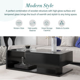 English Elm Modern Coffee Table With Tempered Glass, Wooden Cocktail Table With High-Gloss Uv Surface, Modernist 2-Tier Rectangle Center Table For Living Room, Black