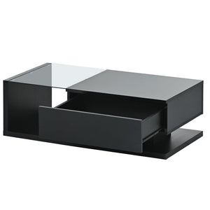 English Elm Modern Two-tier Glass Top Coffee Table with Uv Gloss Finish for Living Room Black WF303936AAB