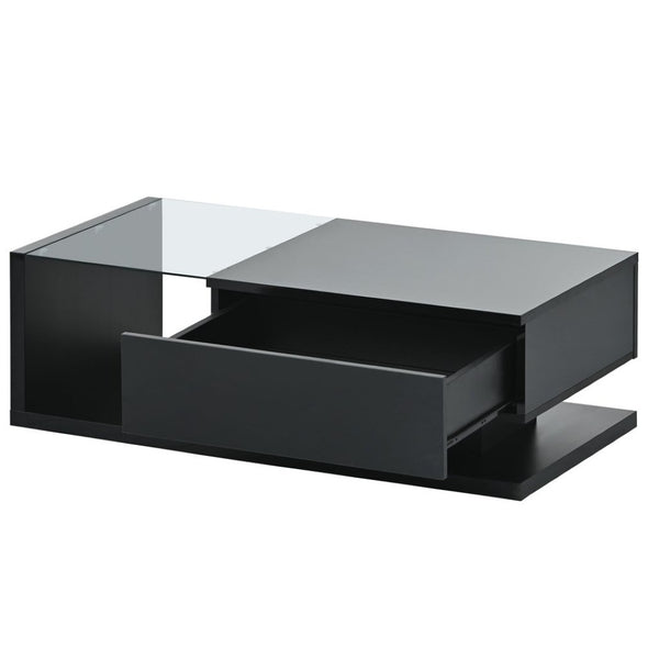 English Elm Modern Two-tier Glass Top Coffee Table with Uv Gloss Finish for Living Room Black WF303936AAB
