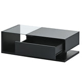 English Elm Modern Coffee Table With Tempered Glass, Wooden Cocktail Table With High-Gloss Uv Surface, Modernist 2-Tier Rectangle Center Table For Living Room, Black