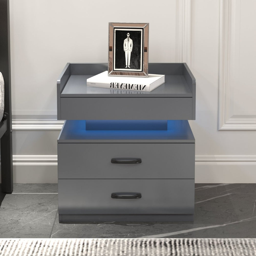 English Elm 1 Set Led Strip Nightstand with 2 Drawers Open Shelf Contemporary Bedside Storage Grey W578P462507