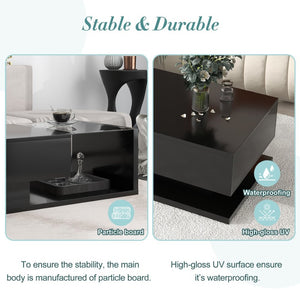 English Elm Modern Two-tier Glass Top Coffee Table with Uv Gloss Finish for Living Room Black WF303936AAB