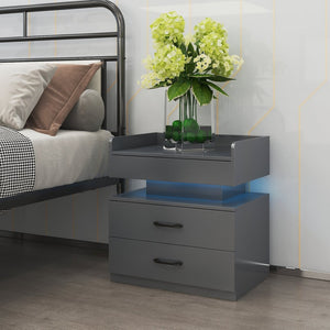 English Elm 1 Set Led Strip Nightstand with 2 Drawers Open Shelf Contemporary Bedside Storage Grey W578P462507