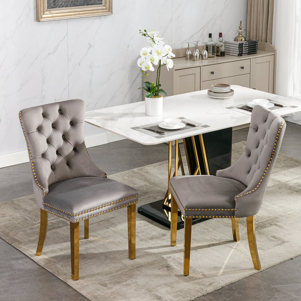 English Elm Nikki Velvet Tufted Dining Chairs Set of 2 — Gray Upholstered High-End Solid Wood Seats with Gold Legs W114390550