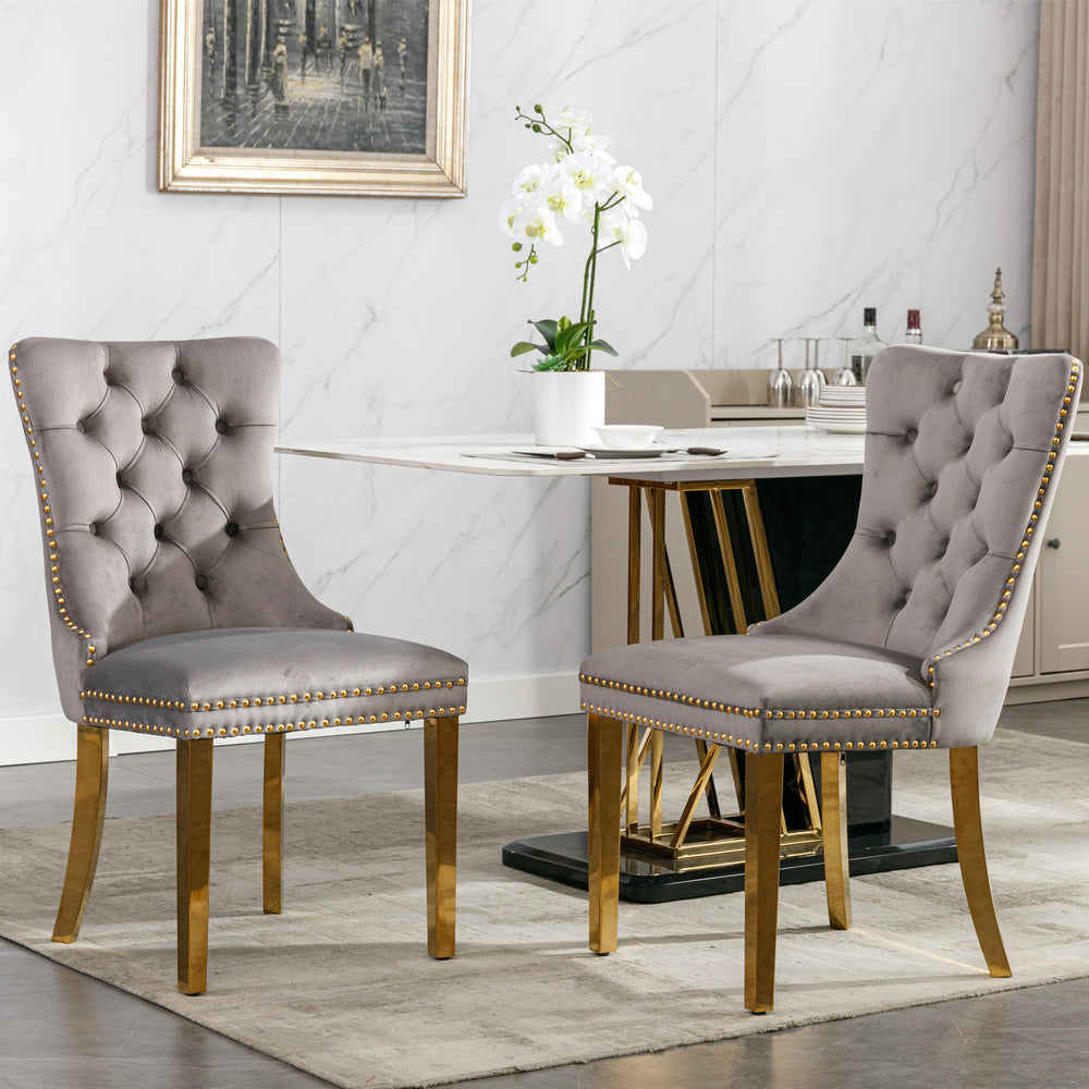 English Elm Nikki Velvet Tufted Dining Chair Set of 2 — Solid Wood Frame, Gold Stainless Legs, Nailhead Trim, Gray Chic W114390550