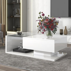 English Elm Modern Two-tier Glass Top Coffee Table with Uv Gloss Finish for Living Room White WF303936AAK